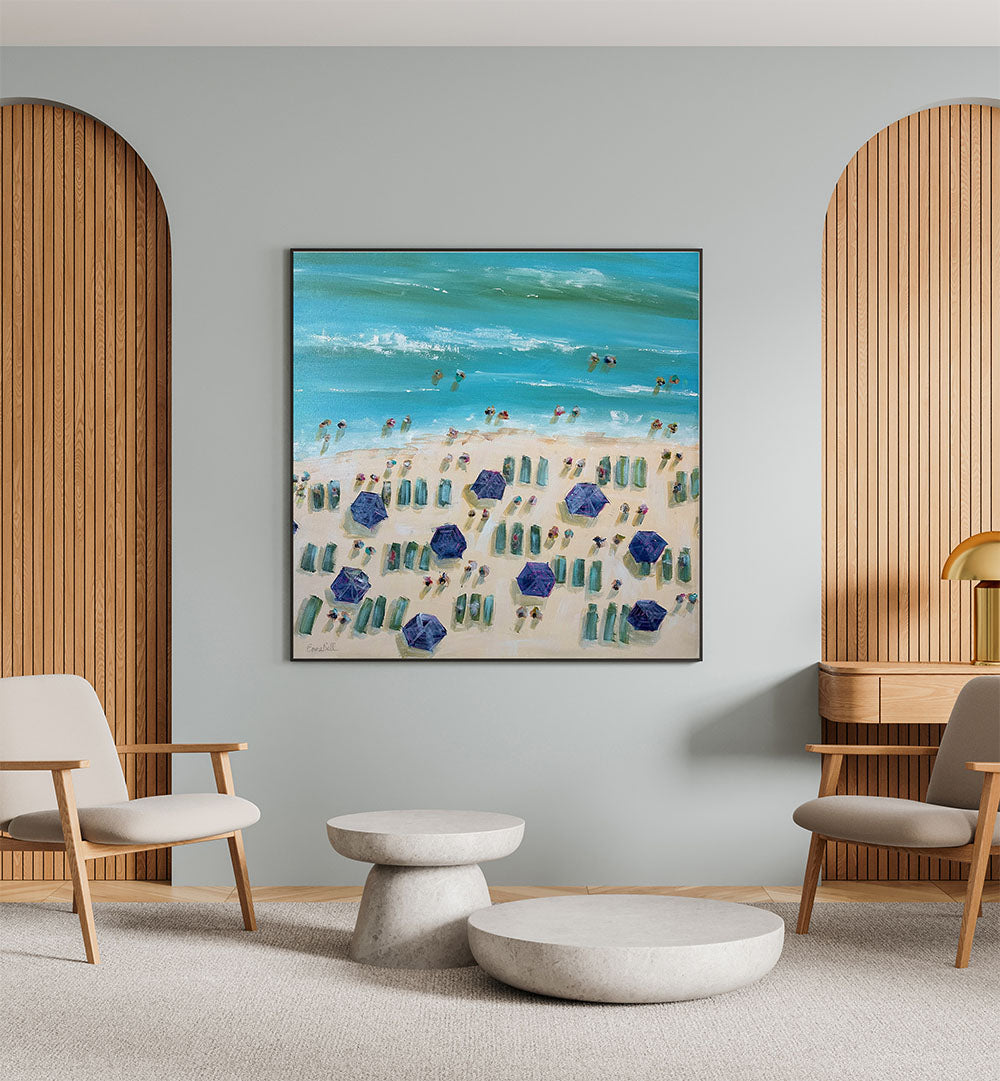 Beautiful BEACH BLISS, BEACH PAINTINGS in a cozy living room setting, showcasing vibrant coastal decor.