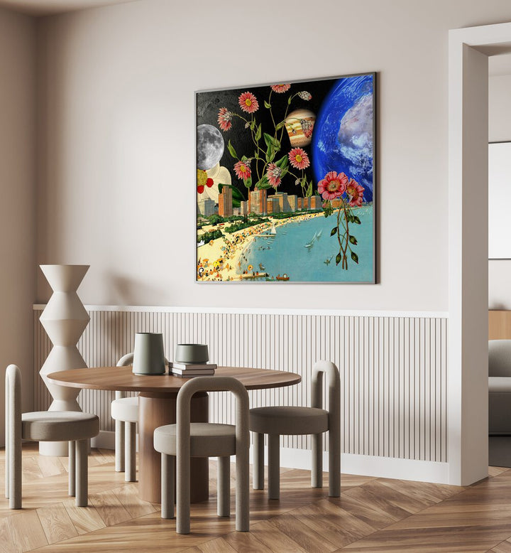 Surreal art print of a beach scene, perfect for relaxation—Beach with a View, Surreal Art Prints.