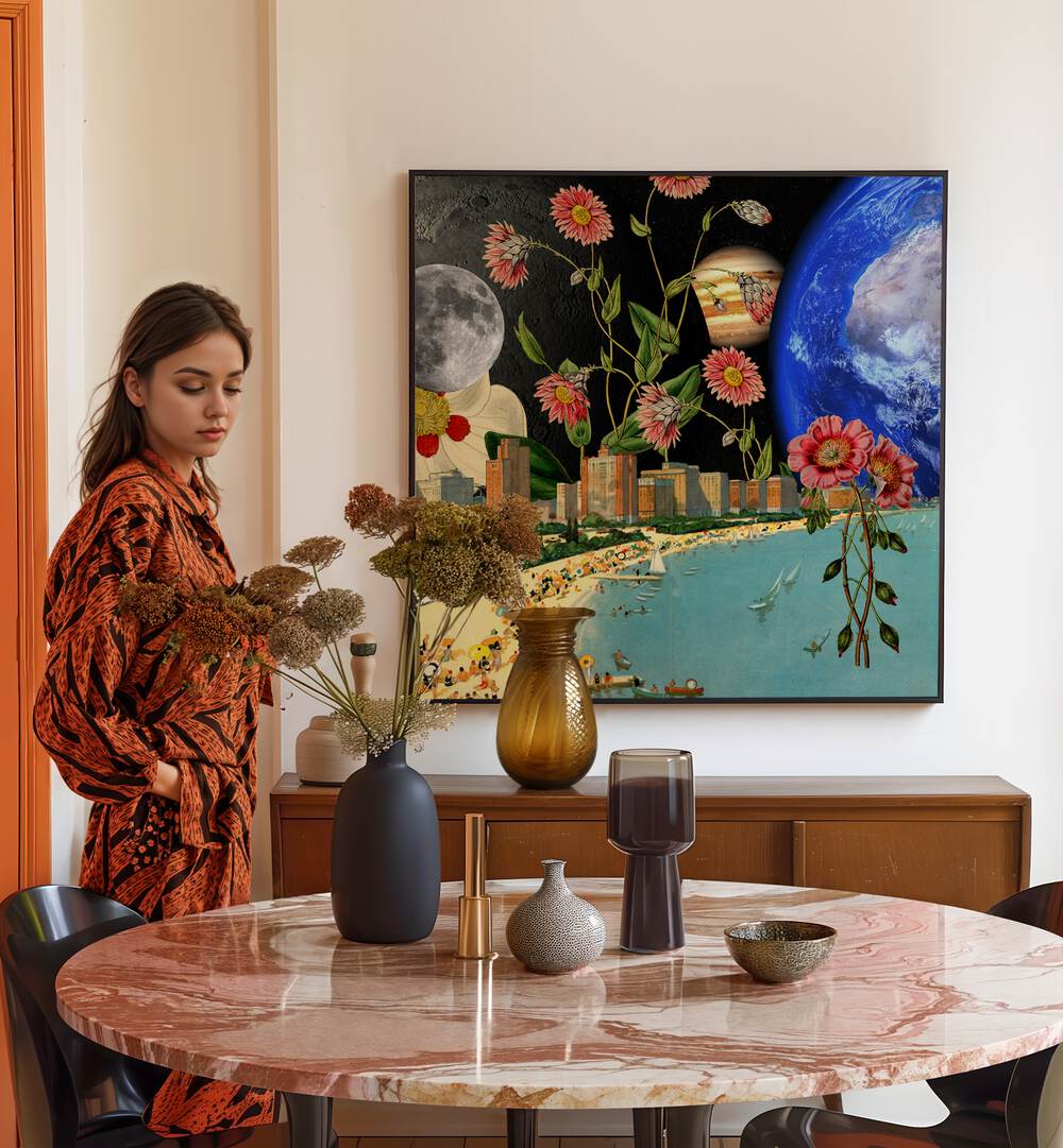 Surreal art print "Beach with a View" enhances your space, perfect for sun seekers and nature lovers alike.