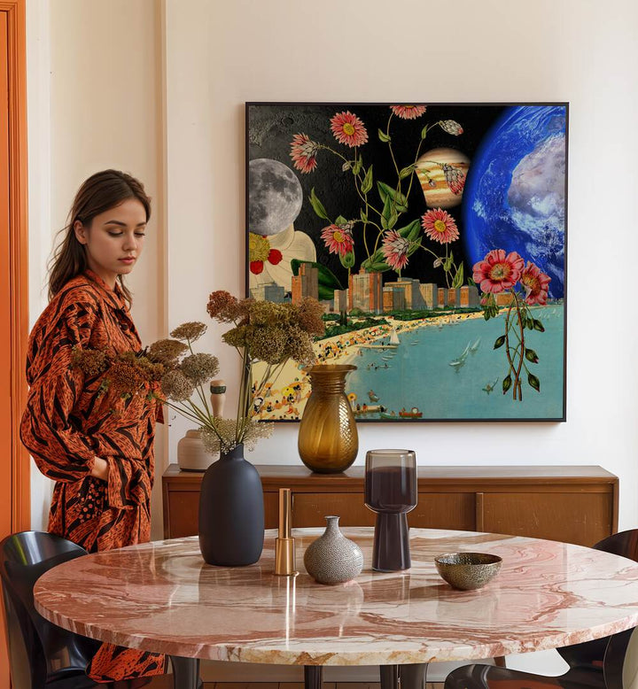 Surreal art print "Beach with a View" enhances your space, perfect for sun seekers and nature lovers alike.