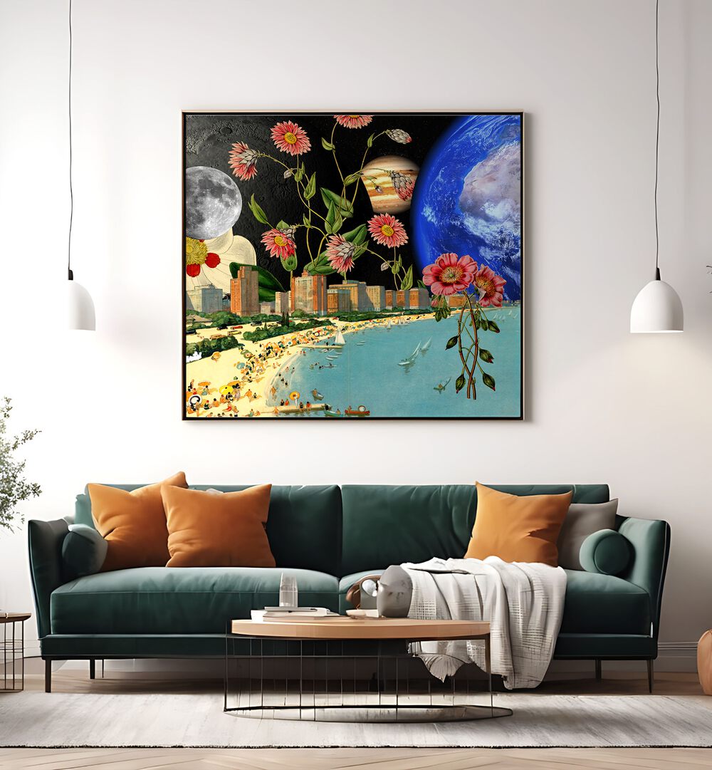 Surreal art print titled "BEACH WITH A VIEW, SURREAL ART PRINTS," showcasing a vibrant beach scene with cosmic elements.