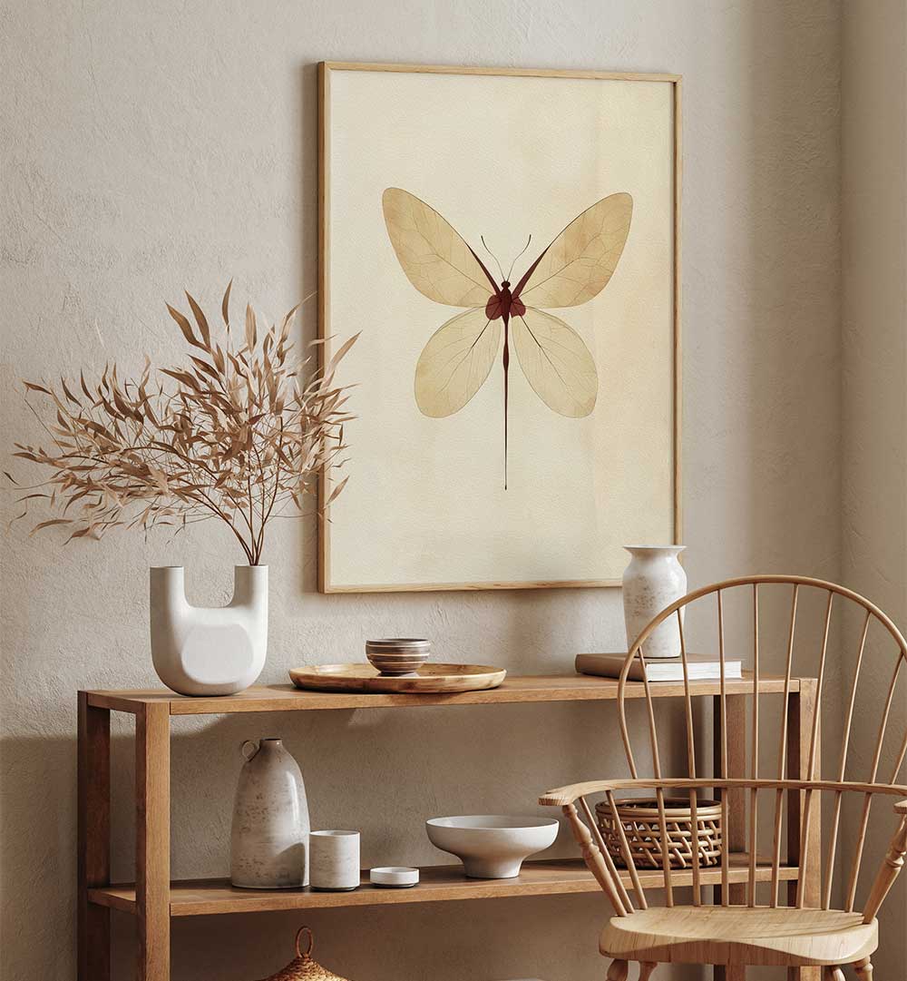 BEIGE BUTTERFLY WALL ART , FLORAL FLOWER PAINTINGS