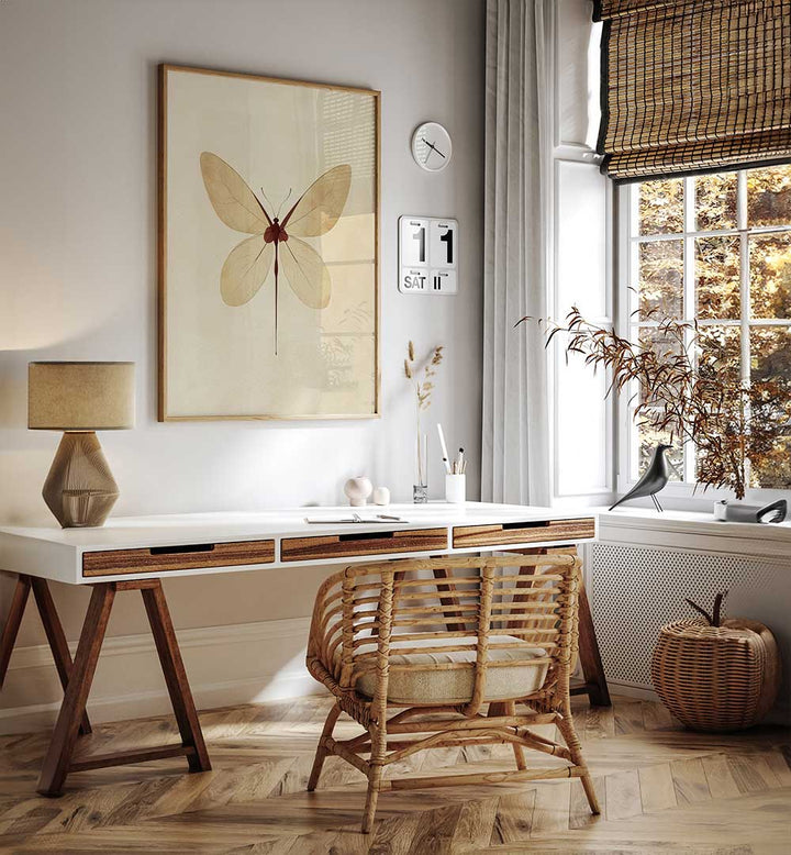 BEIGE BUTTERFLY WALL ART , FLORAL FLOWER PAINTINGS