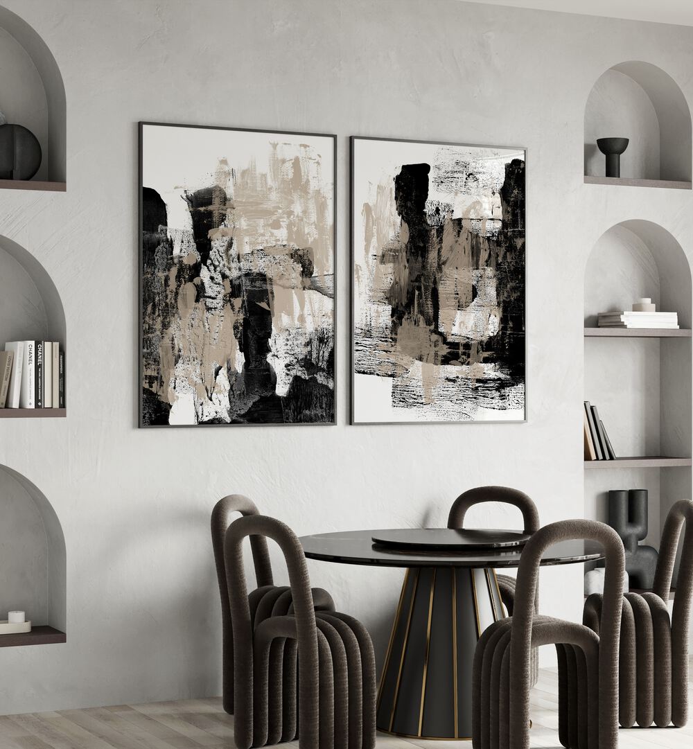 SET OF 2 painting - BEIGE AND BLACK ABSTRACT STROKES SET by Asianmonk