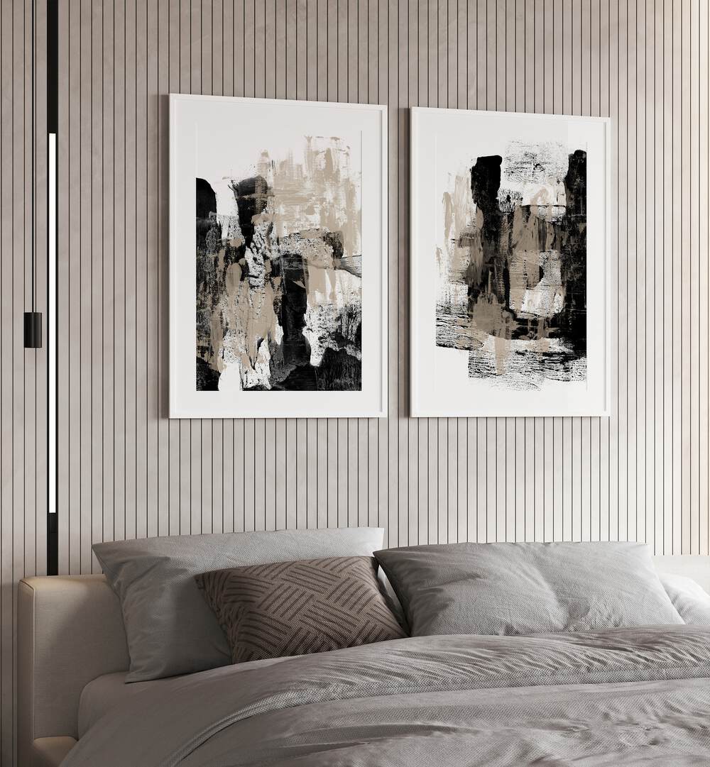 SET OF 2 painting - BEIGE AND BLACK ABSTRACT STROKES SET by Asianmonk