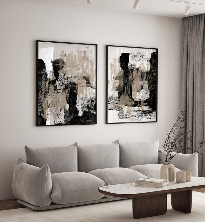 SET OF 2 painting - BEIGE AND BLACK ABSTRACT STROKES SET by Asianmonk