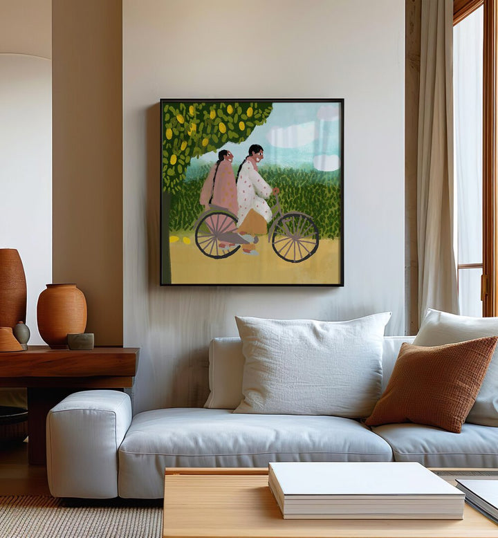 Bicycle Ride By Shreya Roy Chowdary, Indian Art Paintings Artwork in Black Plain Frame placed on a Cream Colored Wall near a White Sofa in the Living Room