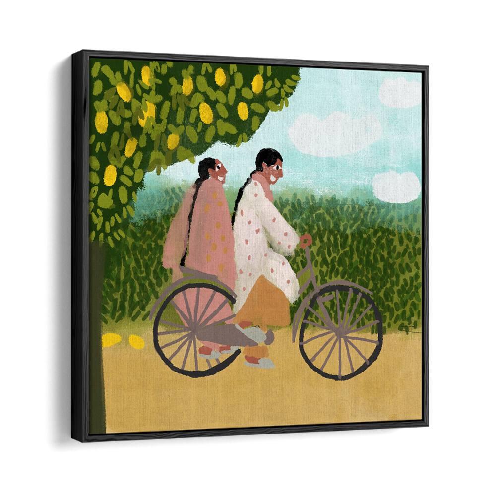 Bicycle Ride By Shreya Roy Chowdary, Indian Art Paintings Artwork in Black Floater Frame
