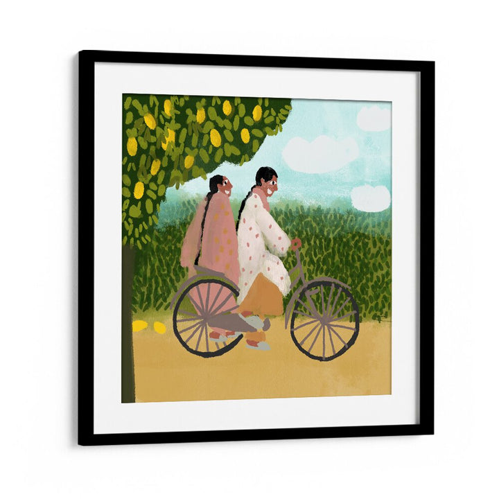 Bicycle Ride By Shreya Roy Chowdary, Indian Art Paintings Artwork in Black Frame With Mount
