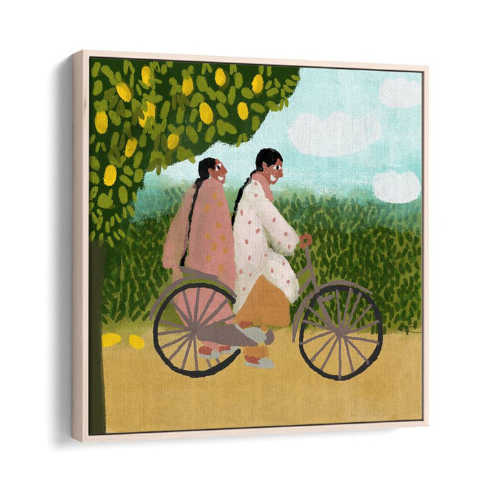 Bicycle Ride By Shreya Roy Chowdary, Indian Art Paintings Artwork in Oak Wood Floater Frame
