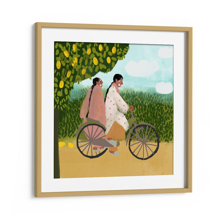 Bicycle Ride By Shreya Roy Chowdary, Indian Art Paintings Artwork in Oak Wood Frame With Mount
