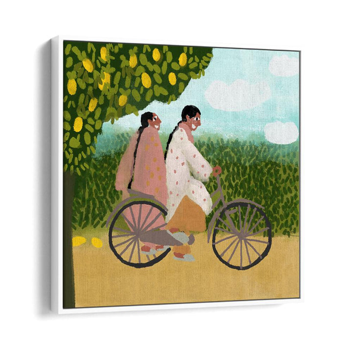 Bicycle Ride By Shreya Roy Chowdary, Indian Art Paintings Artwork in White Floater Frame
