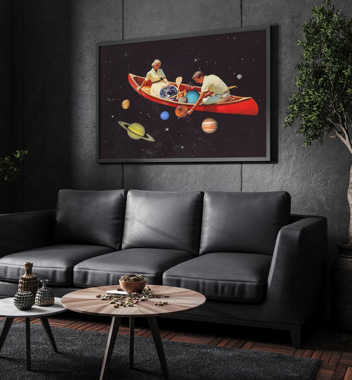 Big Bang Generation Surreal Art Painting Artwork in plain black frame behind a black sofa for living room