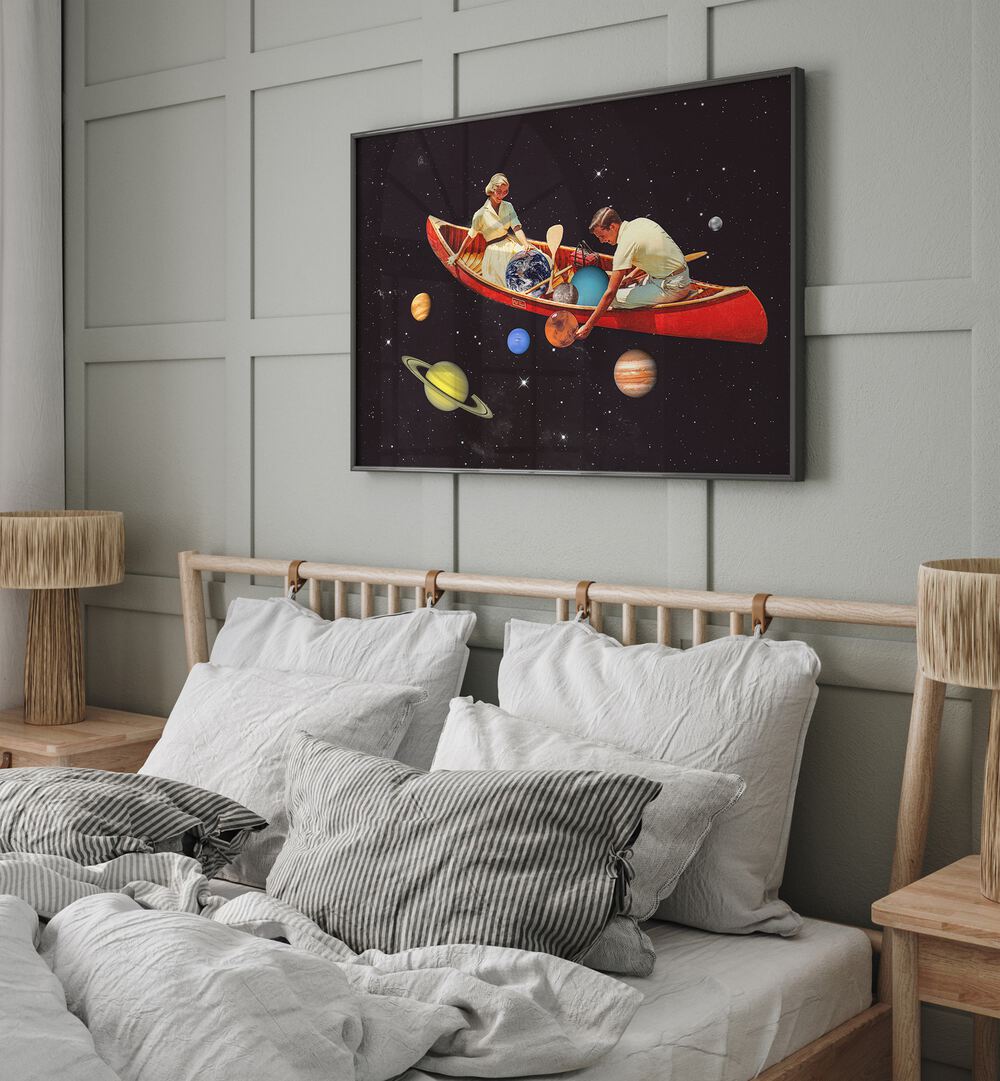 Big Bang Generation Surreal Art Painting Artwork in plain back frame behind a bed for bedroom