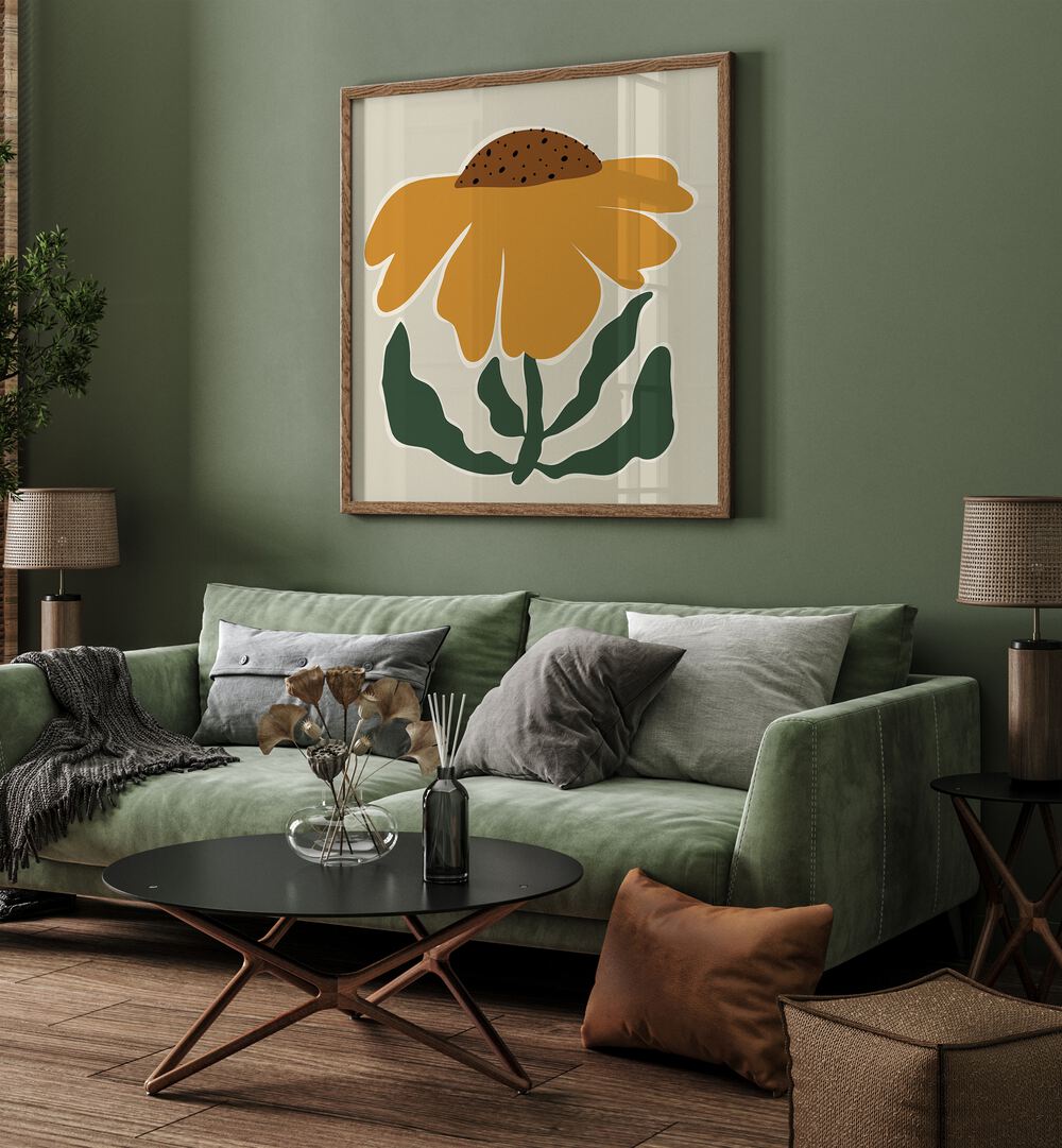 Big Blooming III, Botanical Art Paintings Artwork in Oak Wood Plain Frame
placed on a Green Colored Wall
near a Green Sofa
in the Living Room
