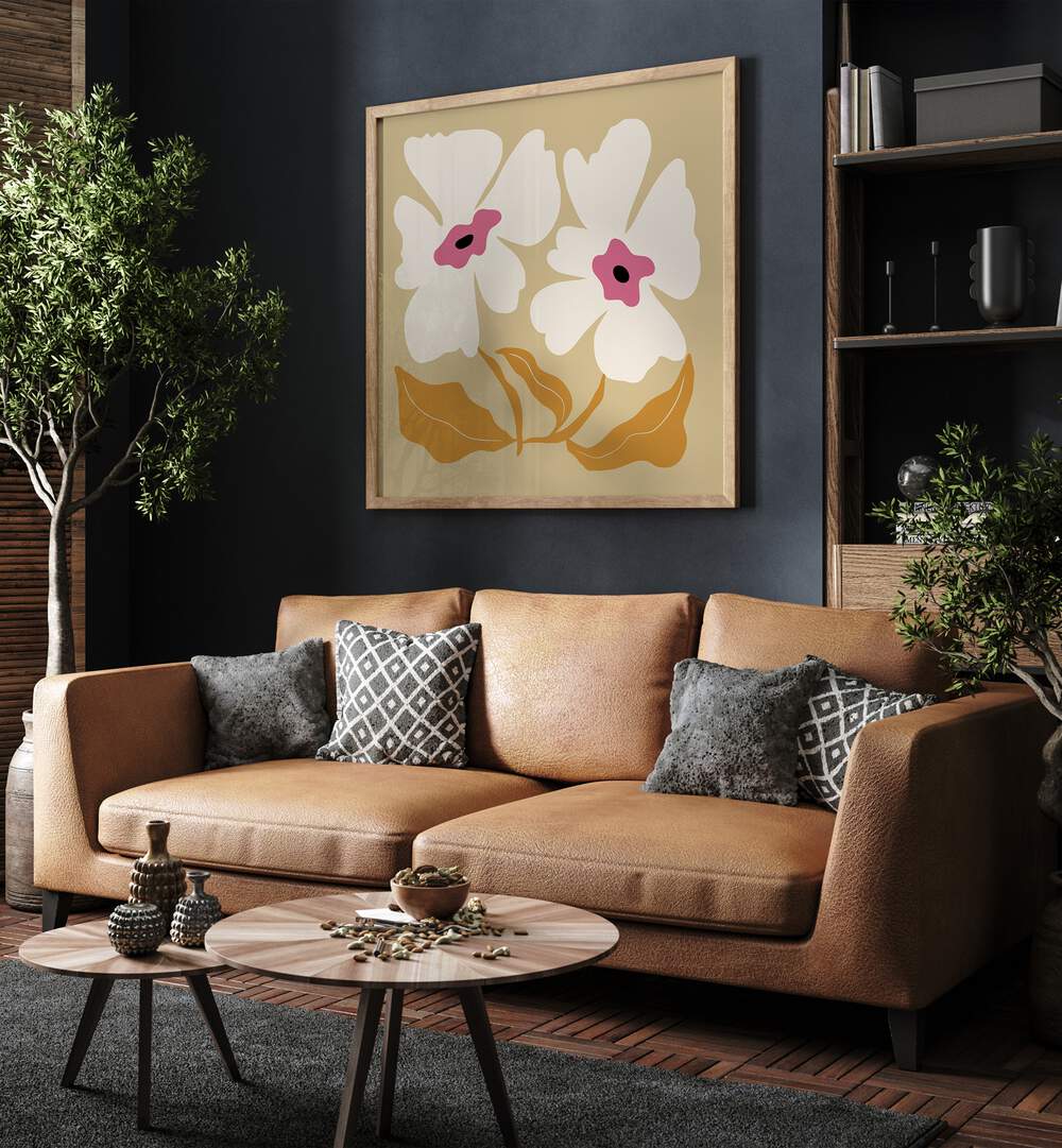 Big Blooming VII, Floral Art Paintings Artwork in Oak Wood Plain Frame
placed on a Blue Colored Wall
near a Brown Sofa
in the Living Room
