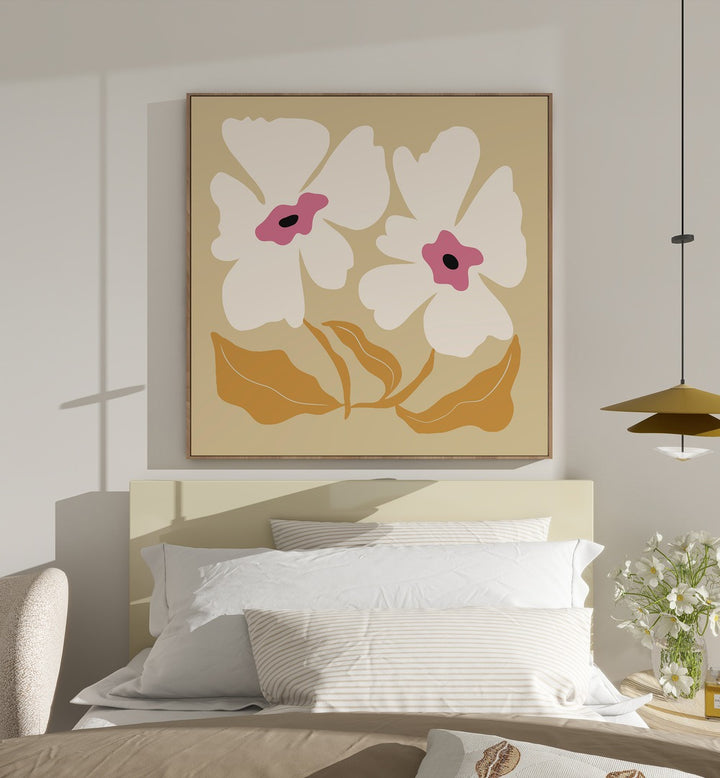 Big Blooming VII, Floral Art Paintings Artwork in Oak Wood Plain Frame
placed on a White Colored Wall
near a Bed
in the Bedroom
