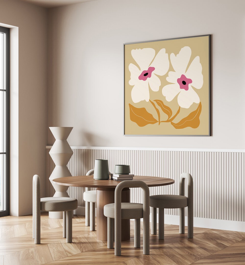 Big Blooming VII, Floral Art Paintings Artwork in Black Plain Frame
placed on a Cream Colored Wall
near a Dining Table
in the Dining Room
