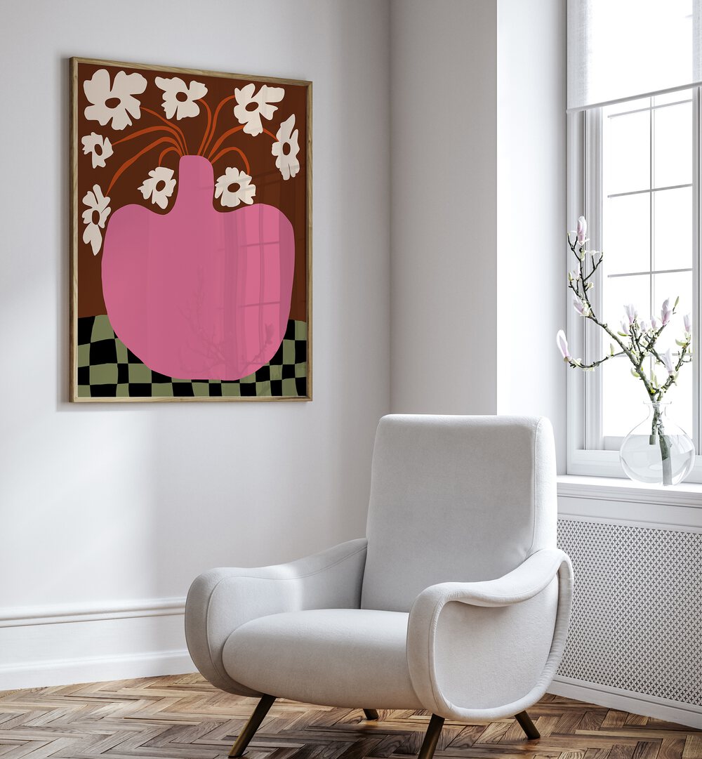 Big Pot With Flower, Botanical Art Paintings Artwork in Oak Wood Plain Frame
placed on a White Colored Wall
near a White Sofa Chair 
in the Drawing Room
