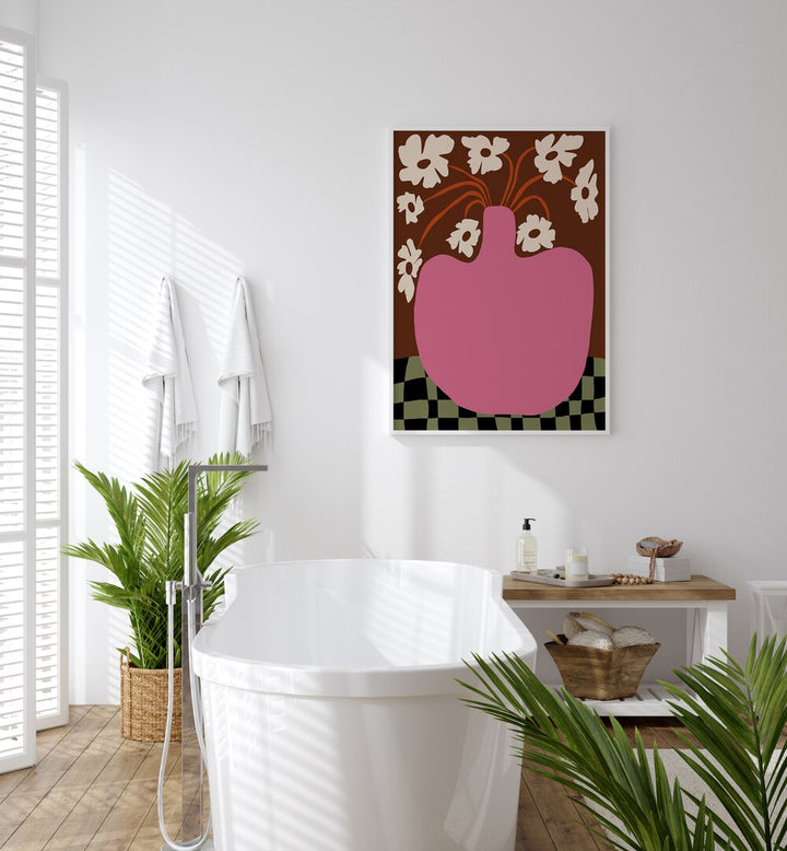 Big Pot With Flower, Botanical Art Paintings Artwork in White Plain Frame
placed on a White Colored Wall
near a Bathtub
in the Bathroom
