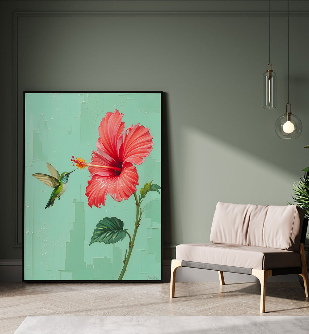 BIRD VISITED MY GARDEN , FLORAL FLOWER PAINTINGS