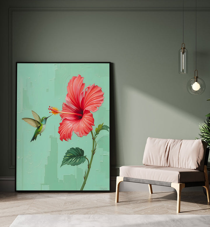 BIRD VISITED MY GARDEN , FLORAL FLOWER PAINTINGS