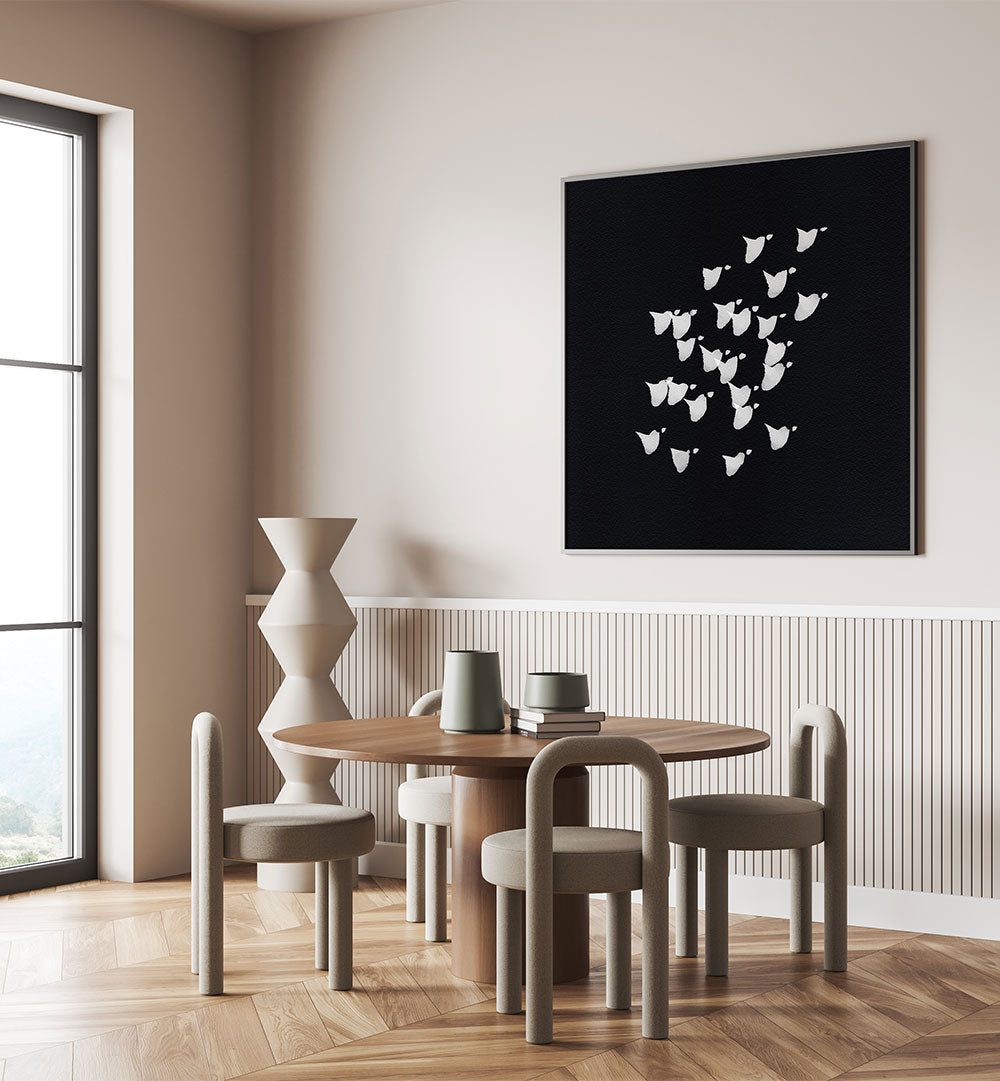 Stunning BIRDS IN FLIGHT UPWARDS BW, ABSTRACT PAINTINGS creating a sense of freedom in modern interior design.