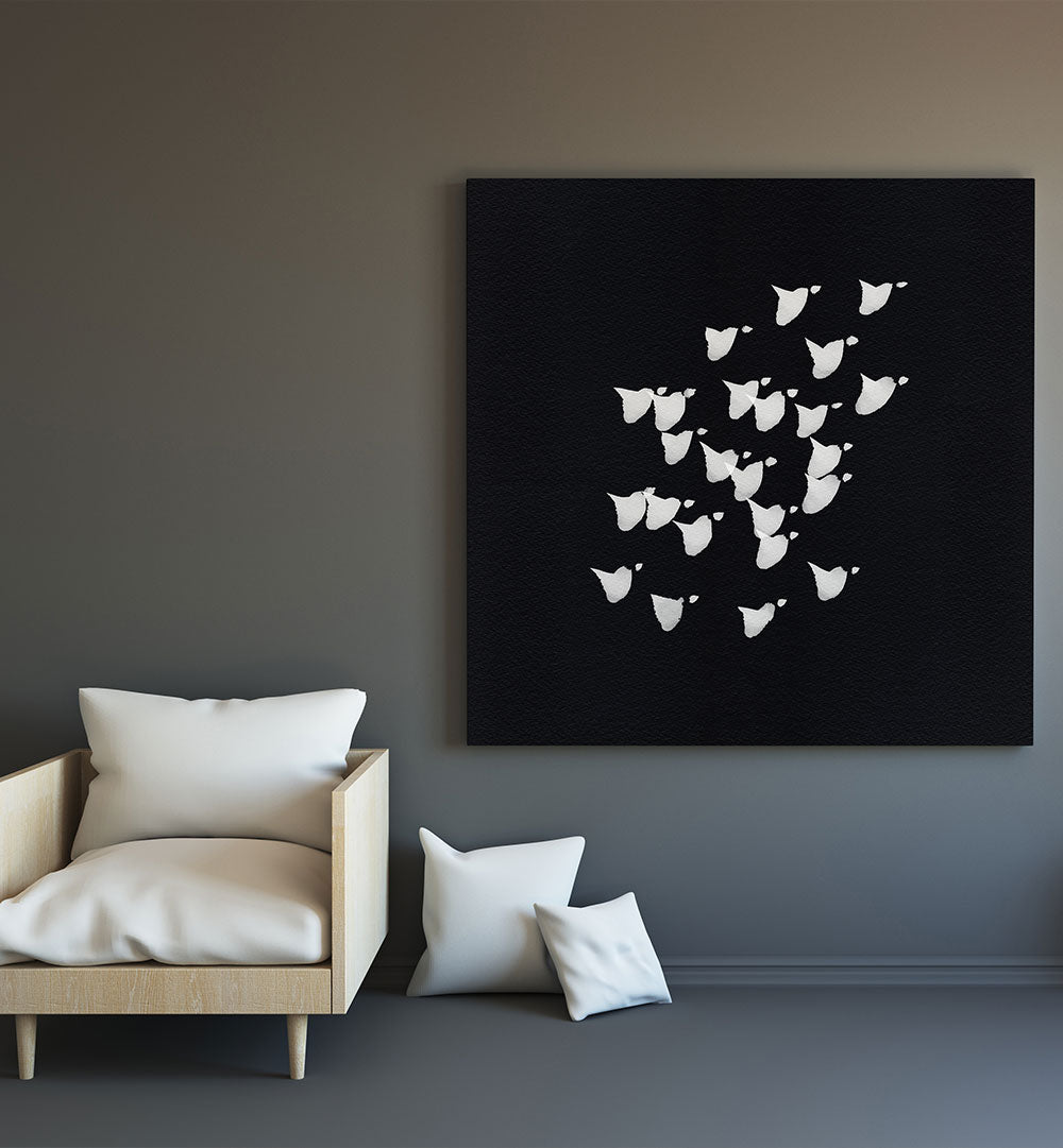 Elevate your decor with BIRDS IN FLIGHT UPWARDS BW, ABSTRACT PAINTINGS, capturing ethereal freedom in modern artistry.