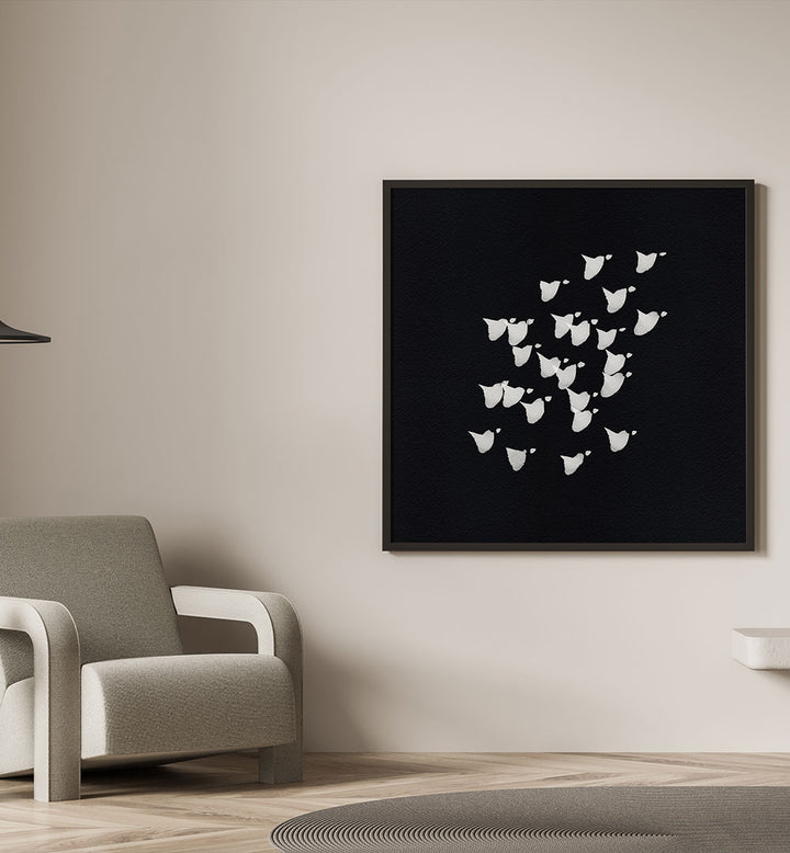 BIRDS IN FLIGHT UPWARDS BW, ABSTRACT PAINTINGS showcase elegant birds ascending, perfect for modern decor.