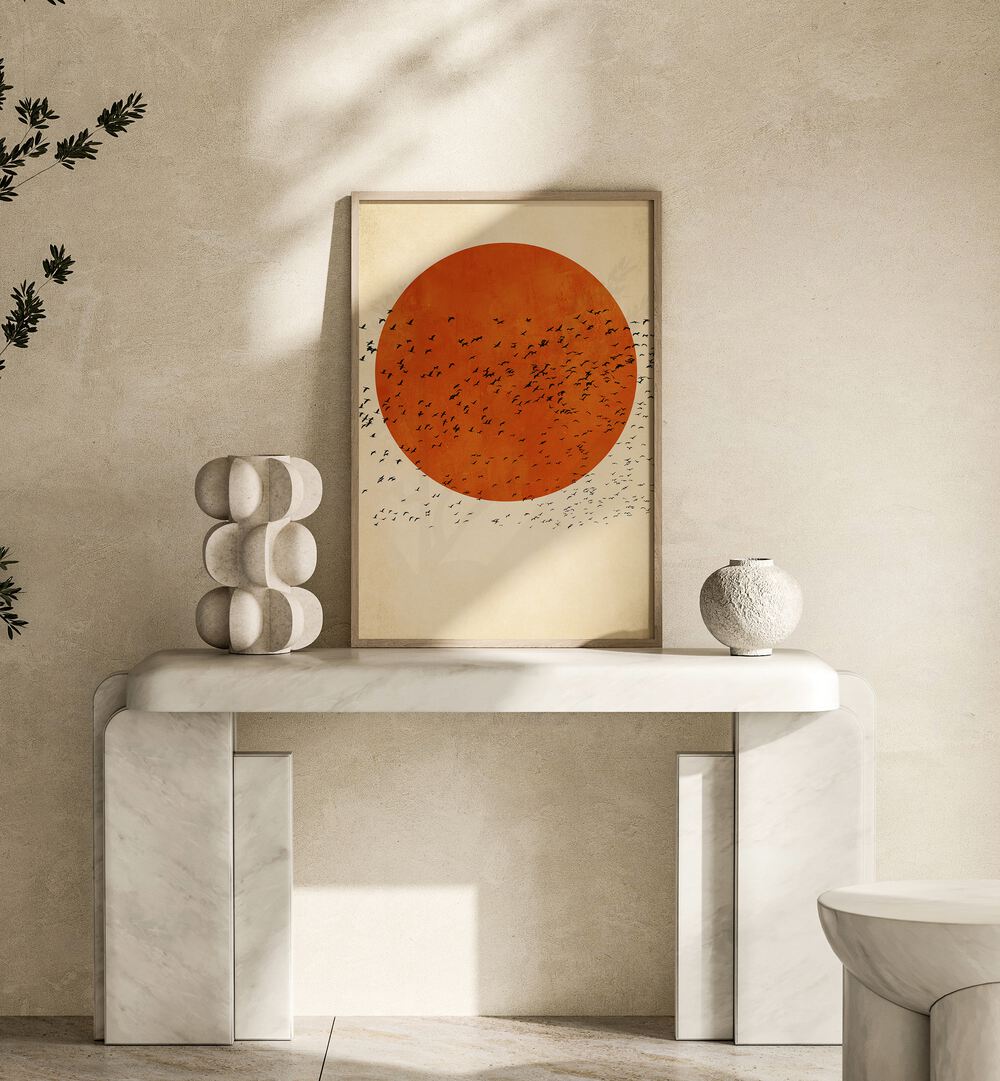 Stylized blackbirds soar against a vibrant sun in BIRDS IN THE SUN, LANDSCAPE PAINTINGS from Asian Monk.