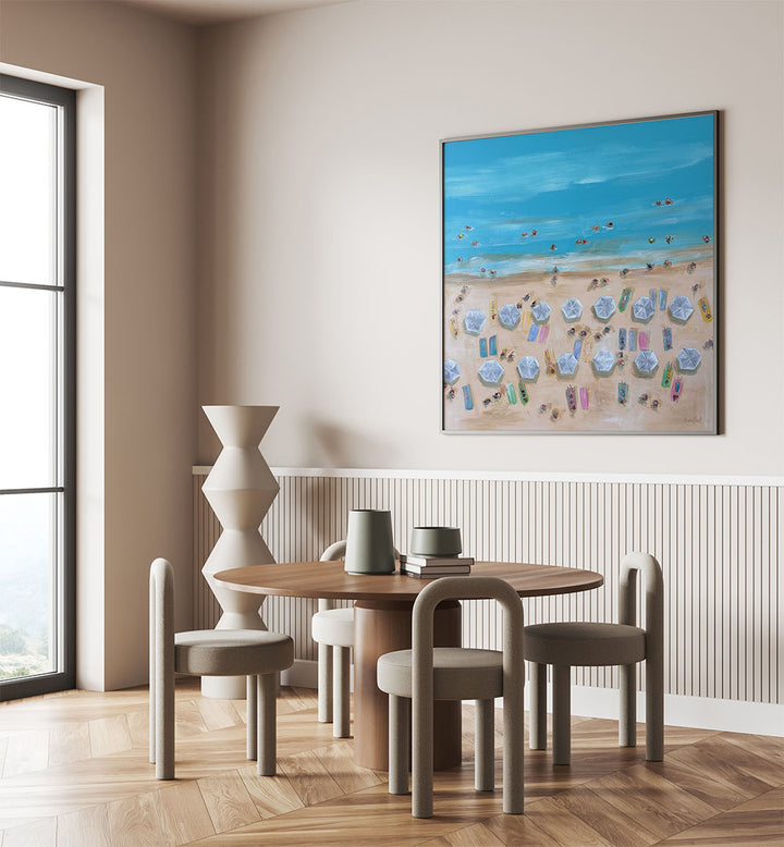 BIRDSEYE WHITE UMBRELLAS, BEACH PAINTINGS bring coastal charm to your space with vibrant beach scenes and serene colors.