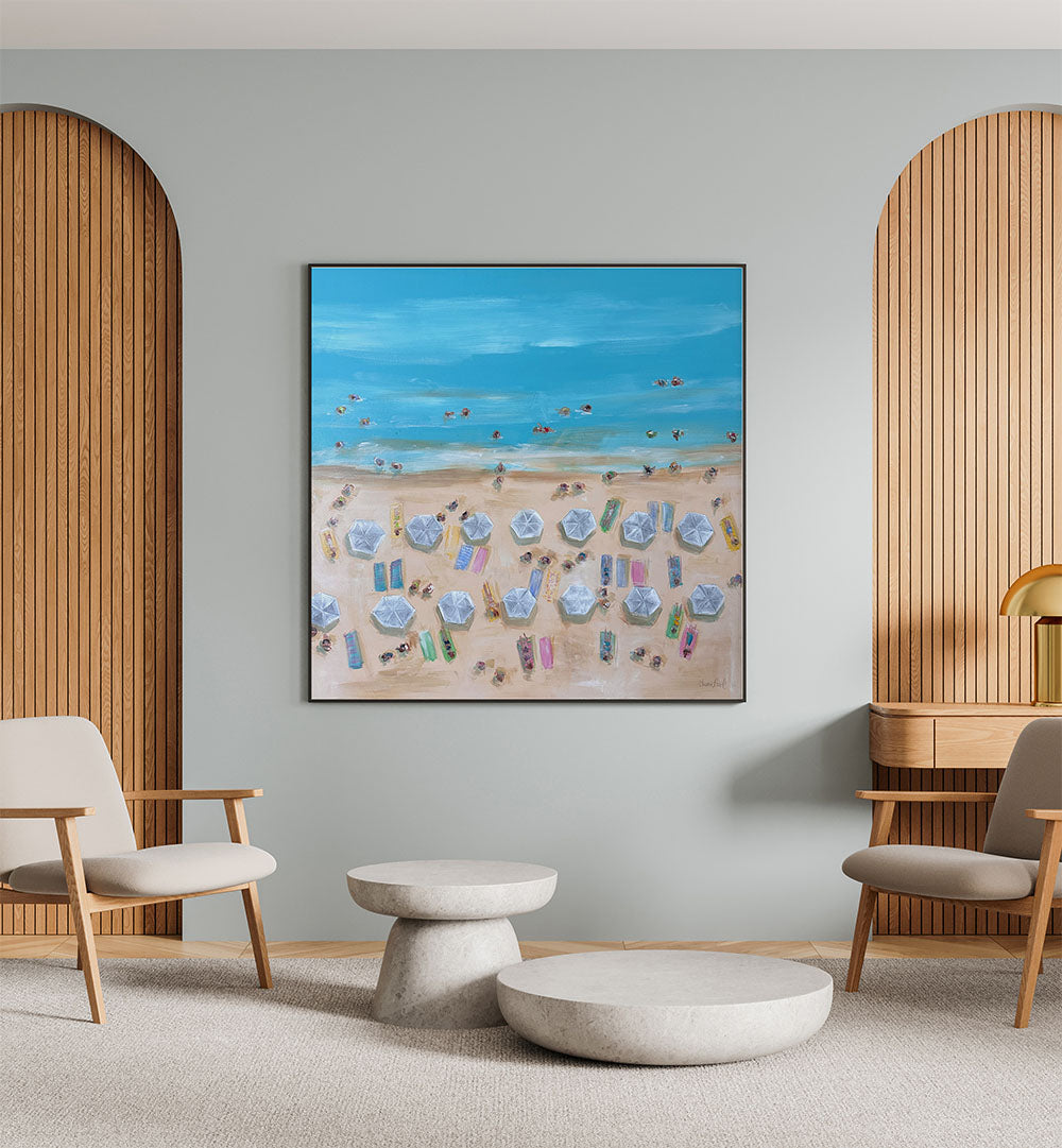 BIRDSEYE WHITE UMBRELLAS, BEACH PAINTINGS bring coastal charm and vibrant colors to your living space.