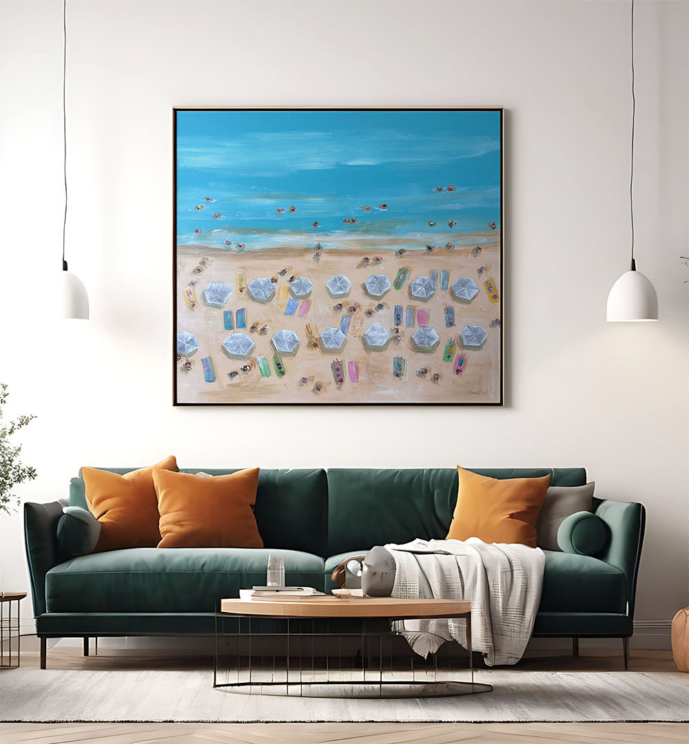 Bright and vibrant BIRDSEYE WHITE UMBRELLAS, BEACH PAINTINGS bring a coastal paradise to your living space.