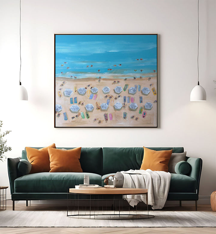 Bright and vibrant BIRDSEYE WHITE UMBRELLAS, BEACH PAINTINGS bring a coastal paradise to your living space.