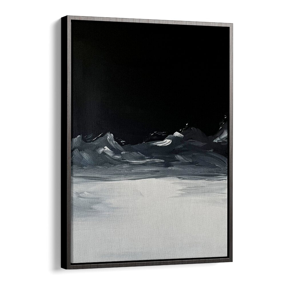 ECHOES OF DISTANT, ABSTRACT PAINTINGS showcase a striking black and gray landscape, evoking deep emotions and thought.