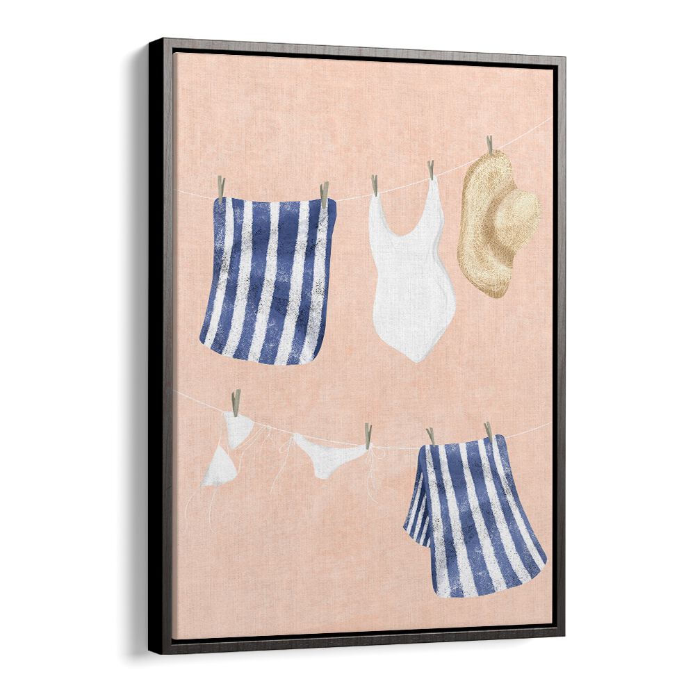 Colorful AFTER THE SWIM, KIDS ROOM PAINTINGS showcasing wet swimsuits and towels hanging on a line, perfect for kids' decor.