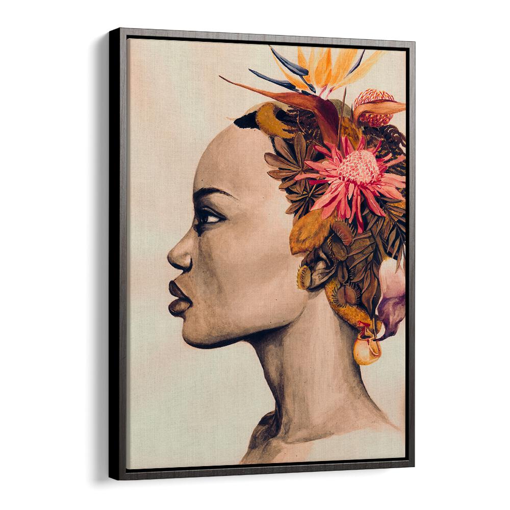 Stylish AMARE fashion poster featuring a profile of a woman adorned with vibrant flowers, perfect for decor.