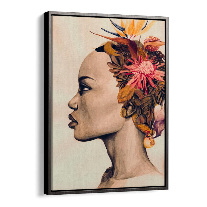 Stylish AMARE fashion poster featuring a profile of a woman adorned with vibrant flowers, perfect for decor.