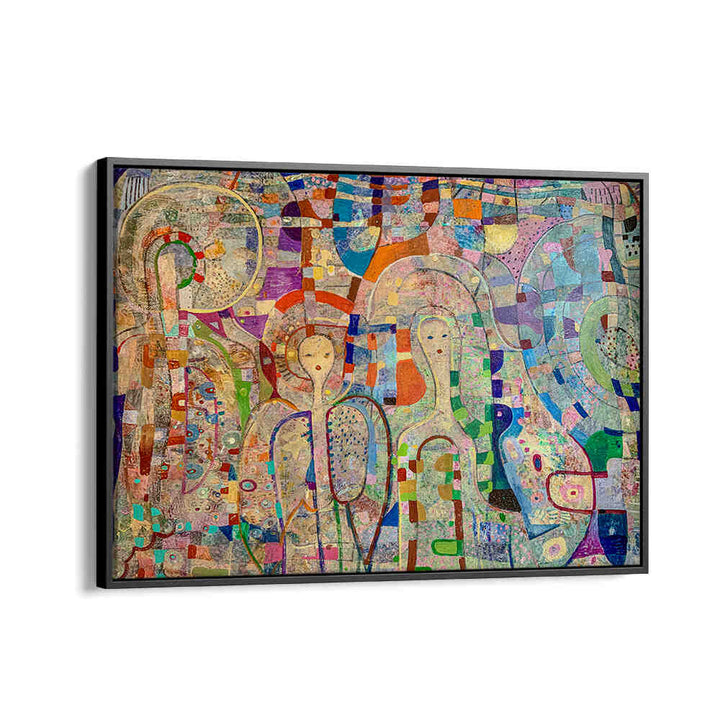 ANGELS AMONG US , ABSTRACT PAINTINGS — Black Floater framed abstract canvas with layered textures suggesting ethereal angelic figures