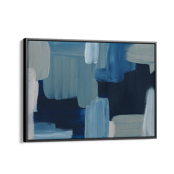 BRUSH STROKES , ABSTRACT PAINTINGS bold blue and gray layered brush strokes on framed canvas for modern decor
