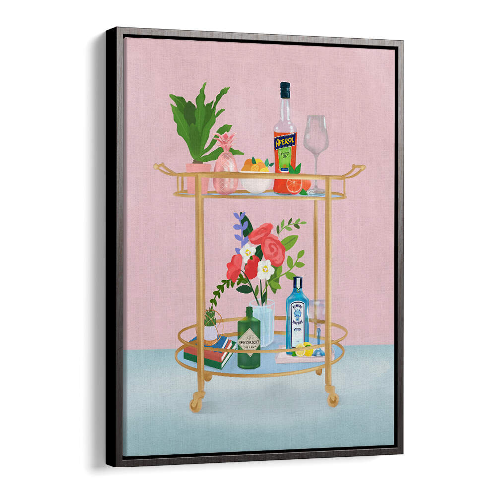 BAR CART , BAR by Blackfloater: colorful bar cart with bottles and blooms on pink backdrop.