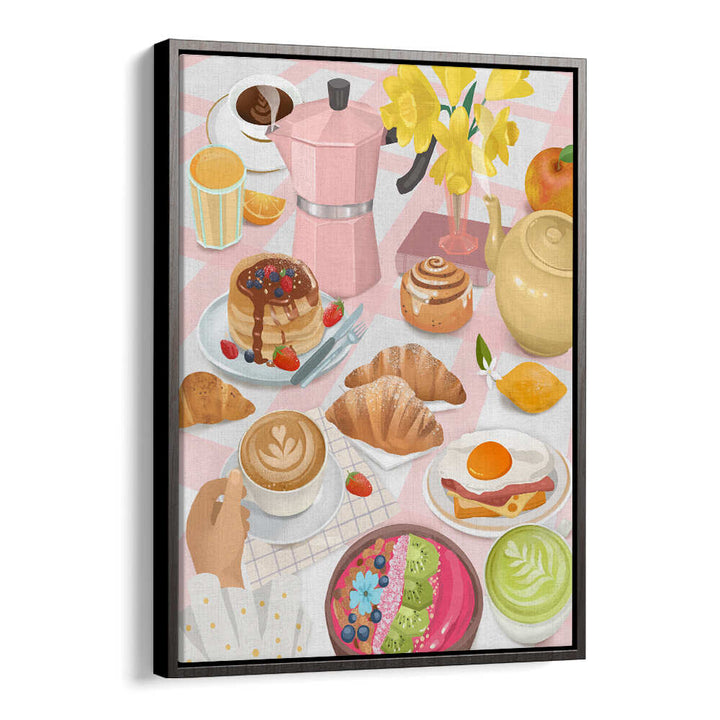 BREAKFAST kitchen poster by BLACKFLOATER featuring pastries, coffee, tea, and flowers.