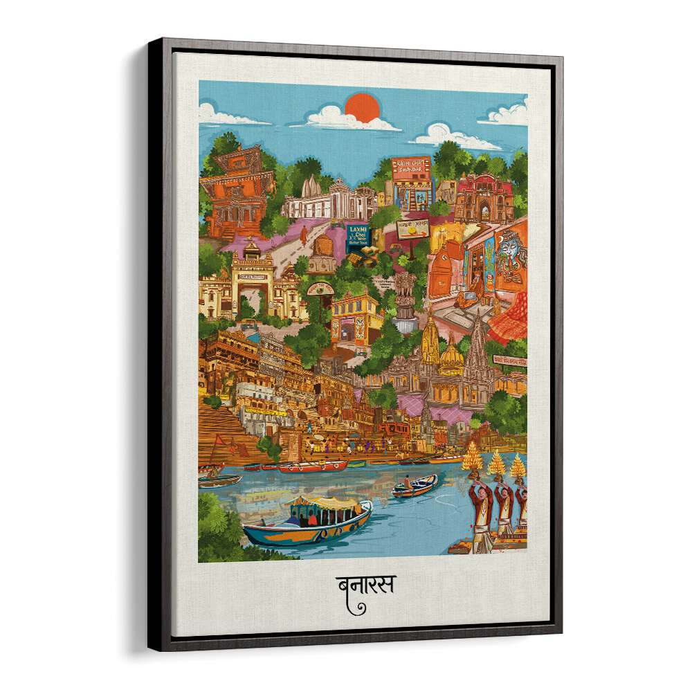 Colorful Varanasi travel poster showcasing iconic landmarks and boats by the river, perfect for home decor.