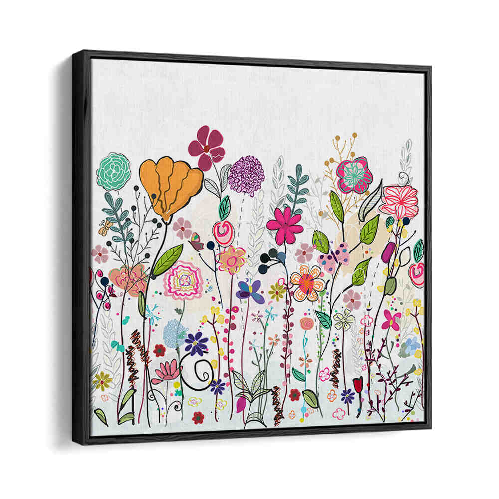 Black Floater COLORFUL WILDFLOWERS , KIDS ROOM PAINTINGS bright playful blooms and soft pastels for a child's room