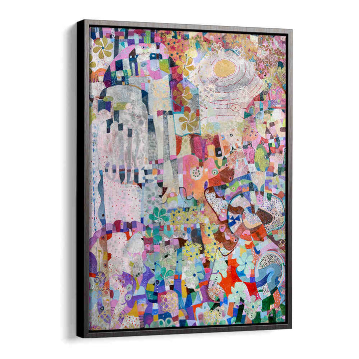 Colorful layered collage titled COVID SPRING , ABSTRACT PAINTINGS by Black Floater, evocative textures and floral motifs in pastel palette
