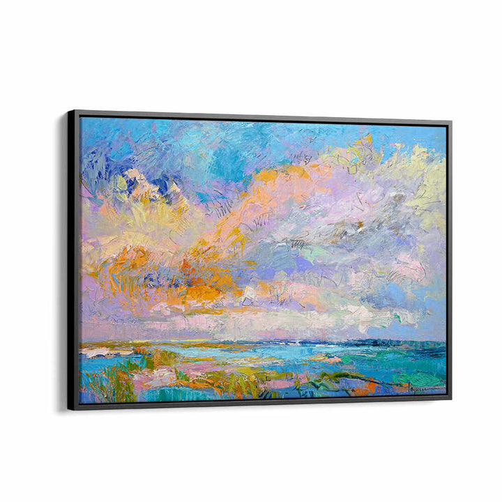 BLACKFLOATER COLORFUL , LANDSCAPE PAINTINGS framed seascape with vivid sky, coastal marsh and textured brushwork