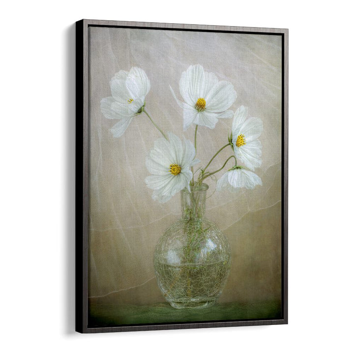 Elegant COSMOS BREEZE, FLORAL FLOWER PAINTINGS featuring white flowers in a glass vase for a refreshing home atmosphere.