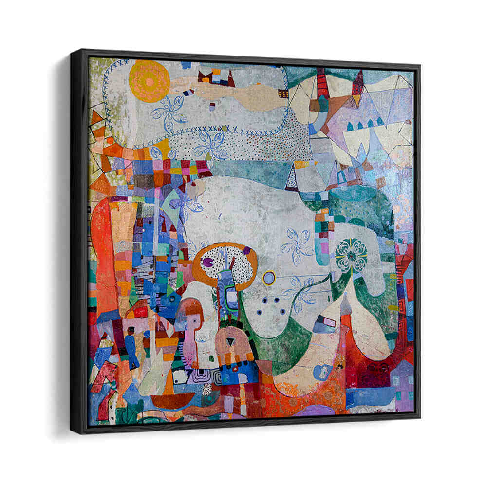BlackFloater canvas showcasing DISTANT VILLAGE , ABSTRACT PAINTINGS: layered muted earth tones, hazy remote settlement.