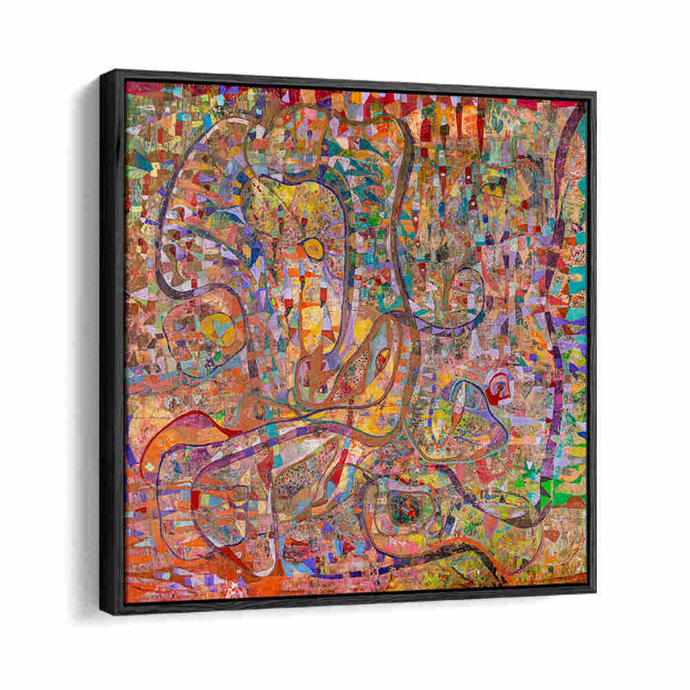 DYSTOPIA , ABSTRACT PAINTINGS BlackFloater framed canvas with layered textures, vibrant mosaic colors and fluid linework