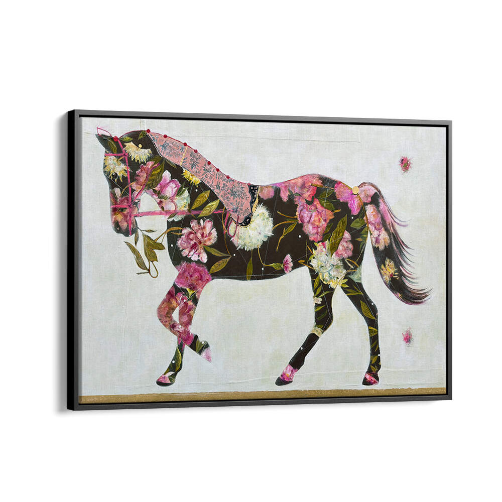 Vibrant EQUESTRIAN ELEGANCE, ANIMAL PAINTINGS featuring a floral horse design, perfect for nature lovers' decor.